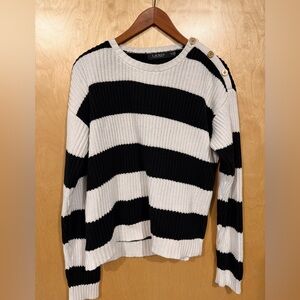 Lauren Ralph Lauren Striped Black & White 100% Cotton Sweater with gold buttons